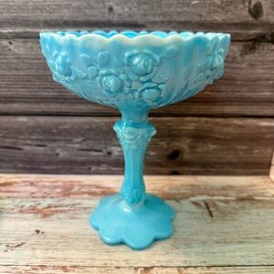 Gorgeous Fenton Cabbage Rose Blue Marble Slag Glass Candy Dish Pedestal Compote